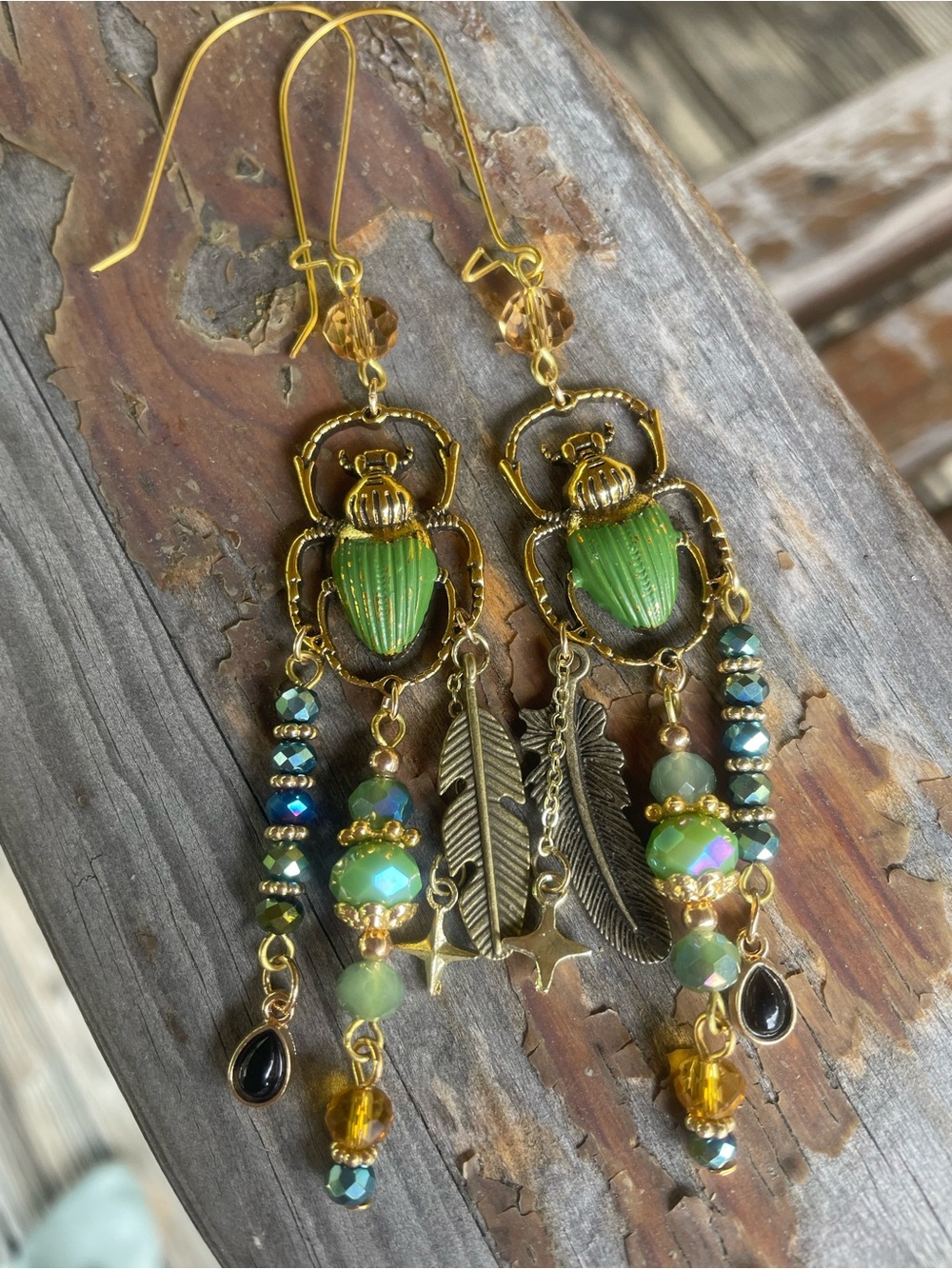 Artisan Gold Tone Earrings with Green Scarab and Multi Beads